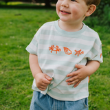 Oversized kinder-T-shirt met strepen en zeeschaaltjes in zeeschuimkleur