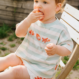 Oversized kinder-T-shirt met strepen en zeeschaaltjes in zeeschuimkleur