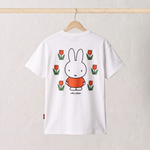 Back view of the Miffy white breastfeeding T-shirt, with a large Miffy among tulips print