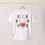 Back view of the Miffy white breastfeeding T-shirt, with a large Miffy among tulips print
